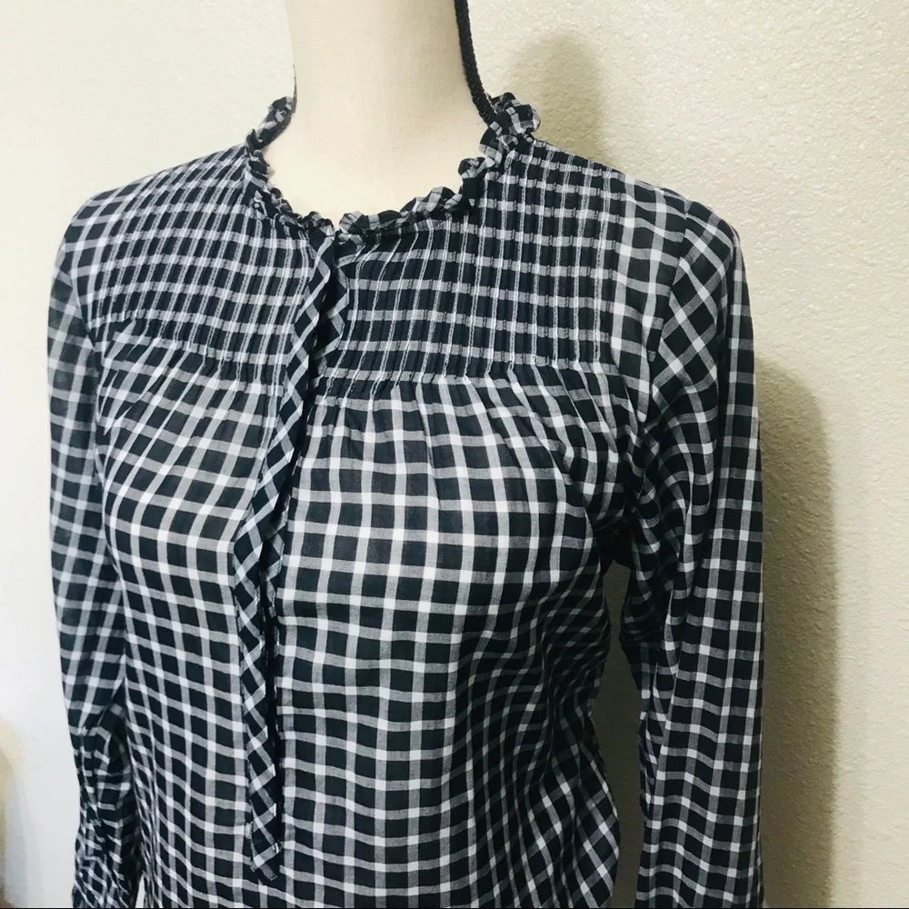 J. Crew Gingham Pleated Bib Ruffle Trim Shirt